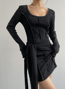 AcupStudio江右上 中长款辣妹水洗做旧绑带连衣裙