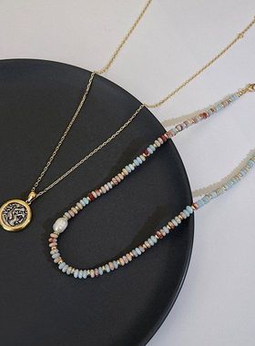 复古金币毛衣链合金古风颈链天然石碧玉石珍珠项链2024新款吊坠