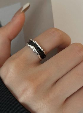 925纯银黑色滴釉食指戒指女小众设计高级感时尚个性开口戒子