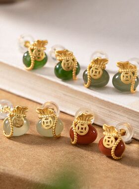 S925纯银镀金和田玉青玉白玉碧玉复古个性福袋钱袋耳钉耳饰
