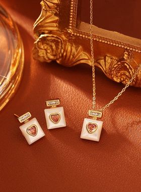 天然贝母爱心香水瓶吊坠项链高级感时尚轻奢气质锁骨链仙女风耳钉