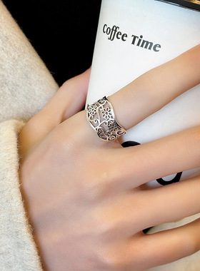 S925纯银复古镂空花戒指女日韩版简约小众设计感轻奢百搭开口指环