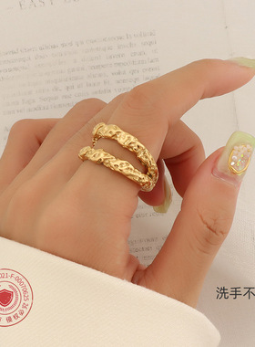 欧美捶打锡纸纹理双层戒指钛钢18k金食指戒指环ins风尾戒饰品女