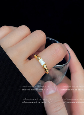 法式玻璃猫眼石竹节戒指小众高级感文艺复古食指戒时尚可调节指环