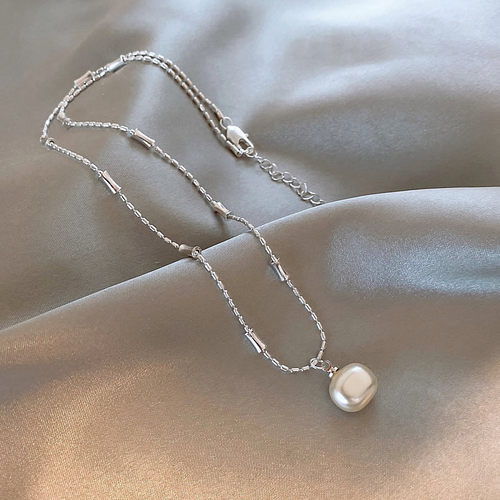 银色方糖珍珠吊坠锁骨链女款