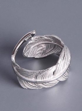 S925纯银羽毛戒指女开口小众时尚冷淡风韩国气质指环