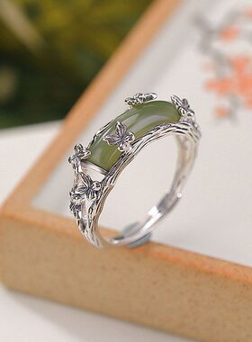 S925纯银镀金天然和田玉青玉蝴蝶戒指复古做旧个性开口指环