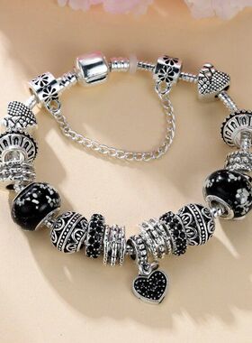 潘家手链 多拉DIY串珠跨境爆款复古黑色水钻爱心吊坠樱花陶瓷珠子