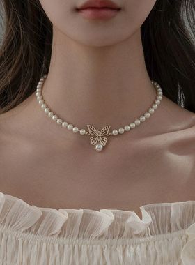 蝴蝶6mm施家仿珍珠项链设计感气质法式颈链2024新款施家珍珠时尚