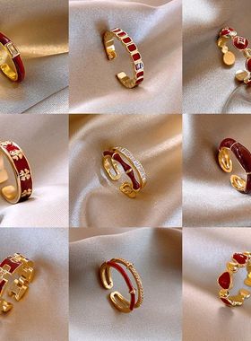 真金电镀安可拉红色圆形开口戒指轻奢复古风食指戒港风高级感手饰
