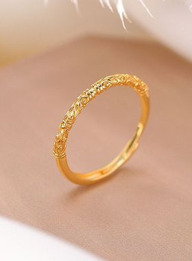 S999足银镀金复古国风金箍棒戒指亮金工艺吉祥如意开口指环