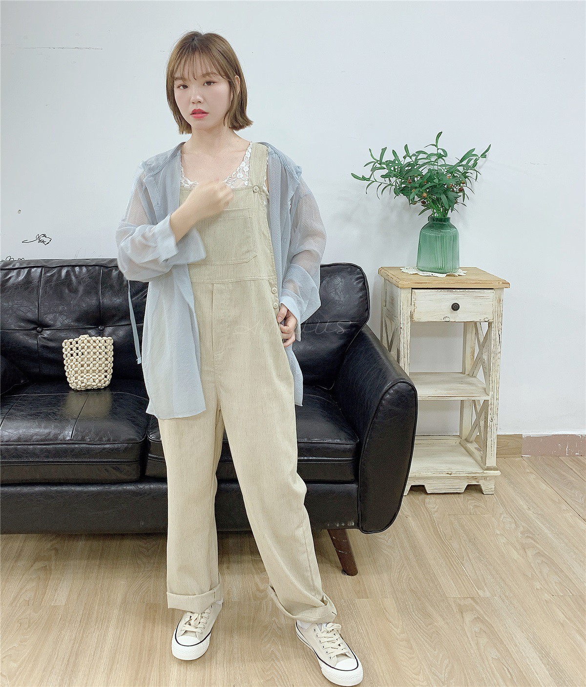 ANNUUS日系纯色肌理感棉麻高腰宽松休闲直筒夏季新品背带裤