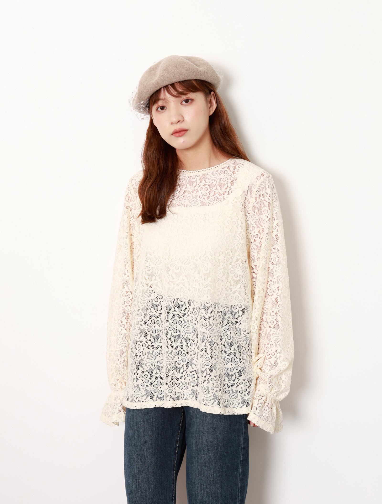 ANNUUS春夏新品全勾花宽松上衣长袖蕾丝罩衫纯色日系气质
