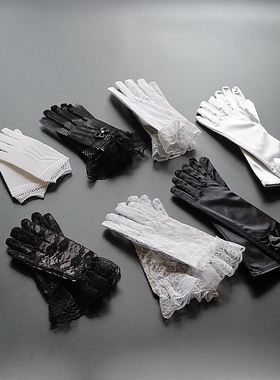 儿童手套女厚赫本短款优雅蕾丝花边晚宴礼服旗袍配饰走秀缎面韩式