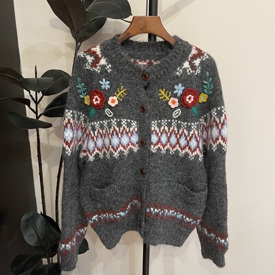 高品质日系复古提花针织开衫女2025秋冬新款宽松百搭毛衣外套上衣