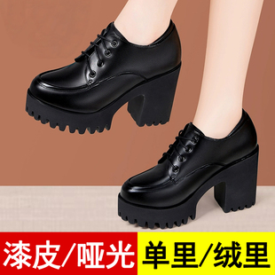 通勤圆头深口单鞋粗跟系带高跟工作鞋加绒真皮厚底女鞋旗袍走秀鞋