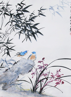 原创诗词手绘国画兰花竹子花鸟画四尺斗方挂画水墨画芯69x69特价