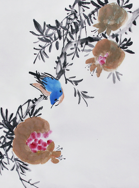 纯手绘国画石榴花鸟画简约装饰画餐厅挂画斗方字画芯宣纸原稿真迹
