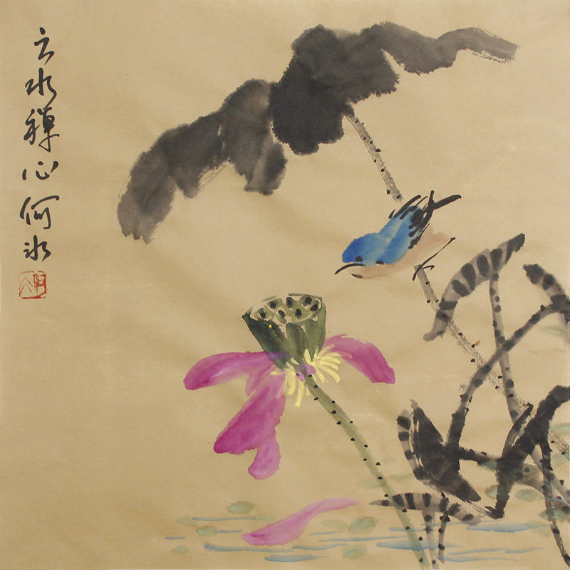 原创写意荷花国画小品莲蓬鸟原创书画仿古字画手绘挂画斗方装饰画