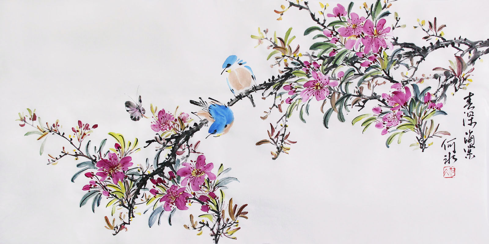 原创国画海棠花鸟画手绘水墨画中式挂画二尺横幅装饰画宣纸字画芯