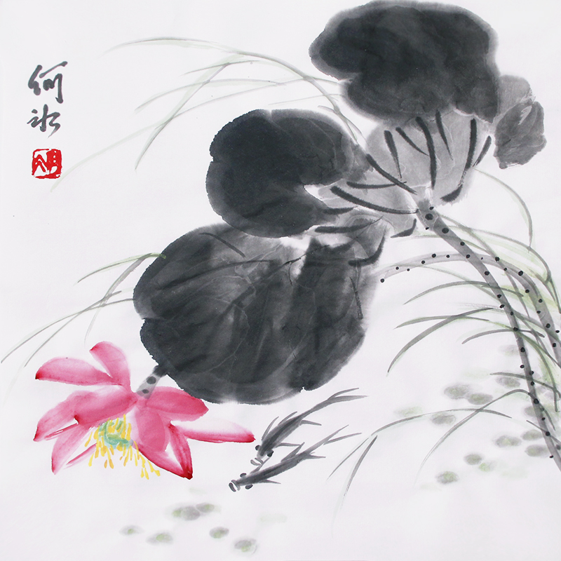 原创纯手绘国画荷花鱼鸟图案宣纸挂画中式水墨装饰画无框字画简约图片