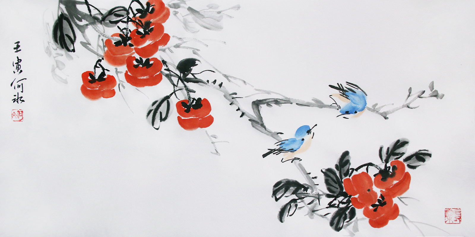 原创手绘国画柿子花鸟画餐厅横幅挂画简约装饰画宣纸水墨画字画芯