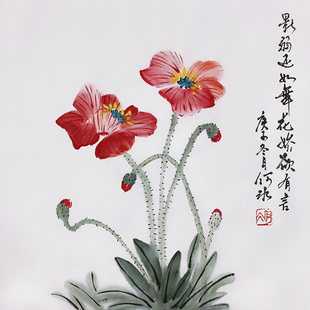 纯手绘花卉虞美人纸本绘画小写意国画底稿装饰画书画作品斗方画芯