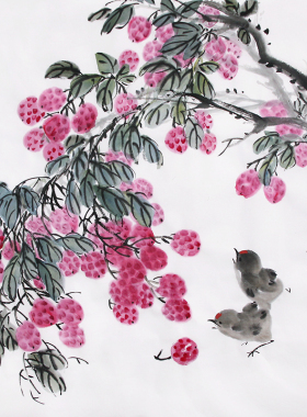 原创国画荔枝小鸡招财餐厅
