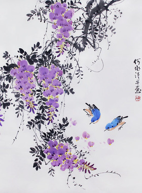 何冰原创诗词手绘国画紫藤花鸟装饰画客厅挂画四尺斗方好寓意字画