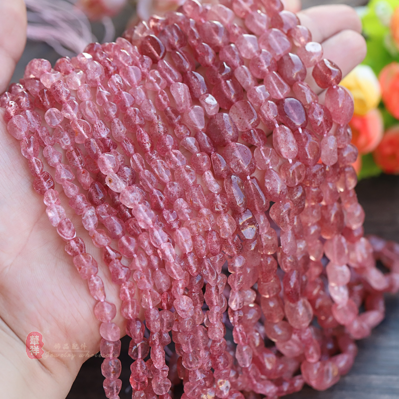 天然草莓晶直孔随形石水晶碎石