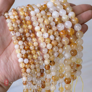 天然原矿黄胶花水晶圆珠 6-10mm金丝缠丝散珠diy手链项链串珠配件
