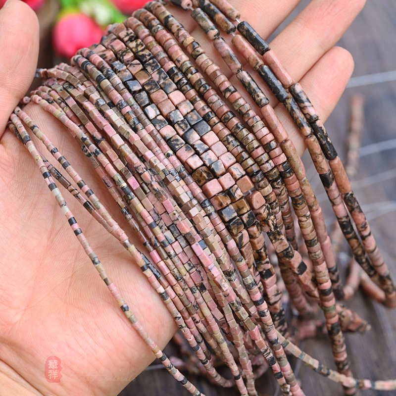 天然黑线红纹石管珠蔷薇石