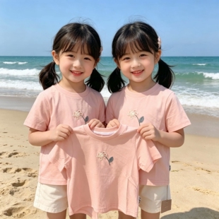 琦瑞德泽女小童t恤夏季新款花朵刺绣上衣甜美可爱儿童休闲短袖