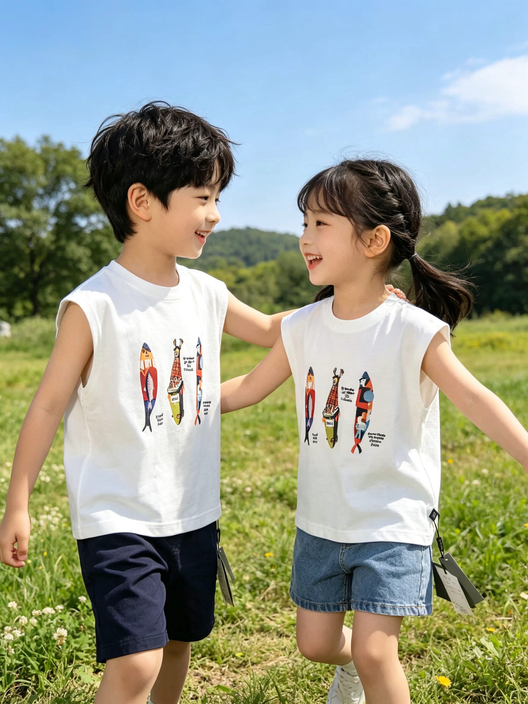 琦瑞德泽男女中童纯棉背心薄款儿童夏季无袖t恤宽松帅气休闲上衣