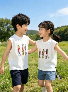 琦瑞德泽男女中童纯棉背心薄款儿童夏季无袖t恤宽松帅气休闲上衣