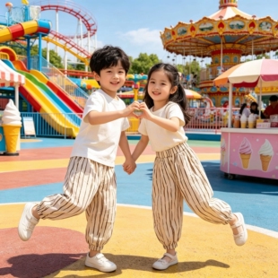 琦瑞德泽男女儿小童2026新款裤子夏季薄款简约条纹百搭宽松休闲裤