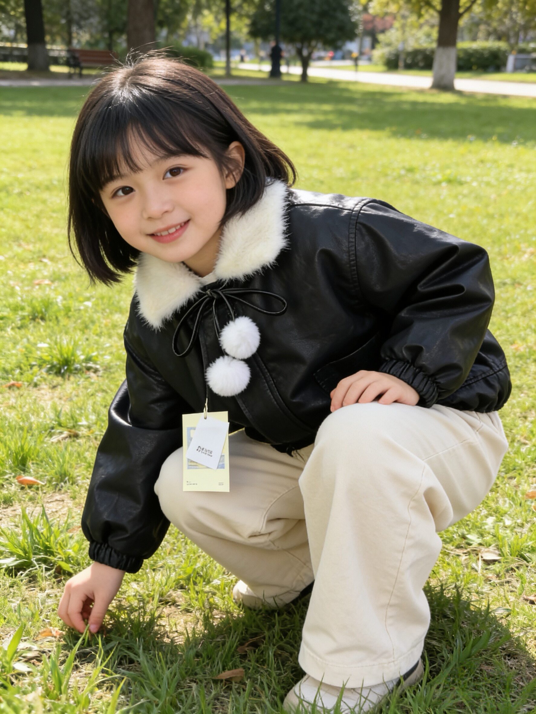 翻毛领皮衣外套男女中童2026冬季款加毛加厚毛毛球系带保暖夹克