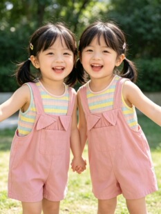 女童背带裤套装夏季2026新款儿童洋气时髦小童薄款夏装女宝两件套