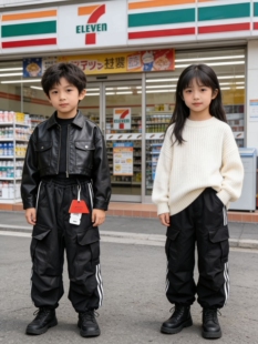 男女中大童工装裤2026新款儿童洋气时髦休闲裤春秋款加绒长裤黑色