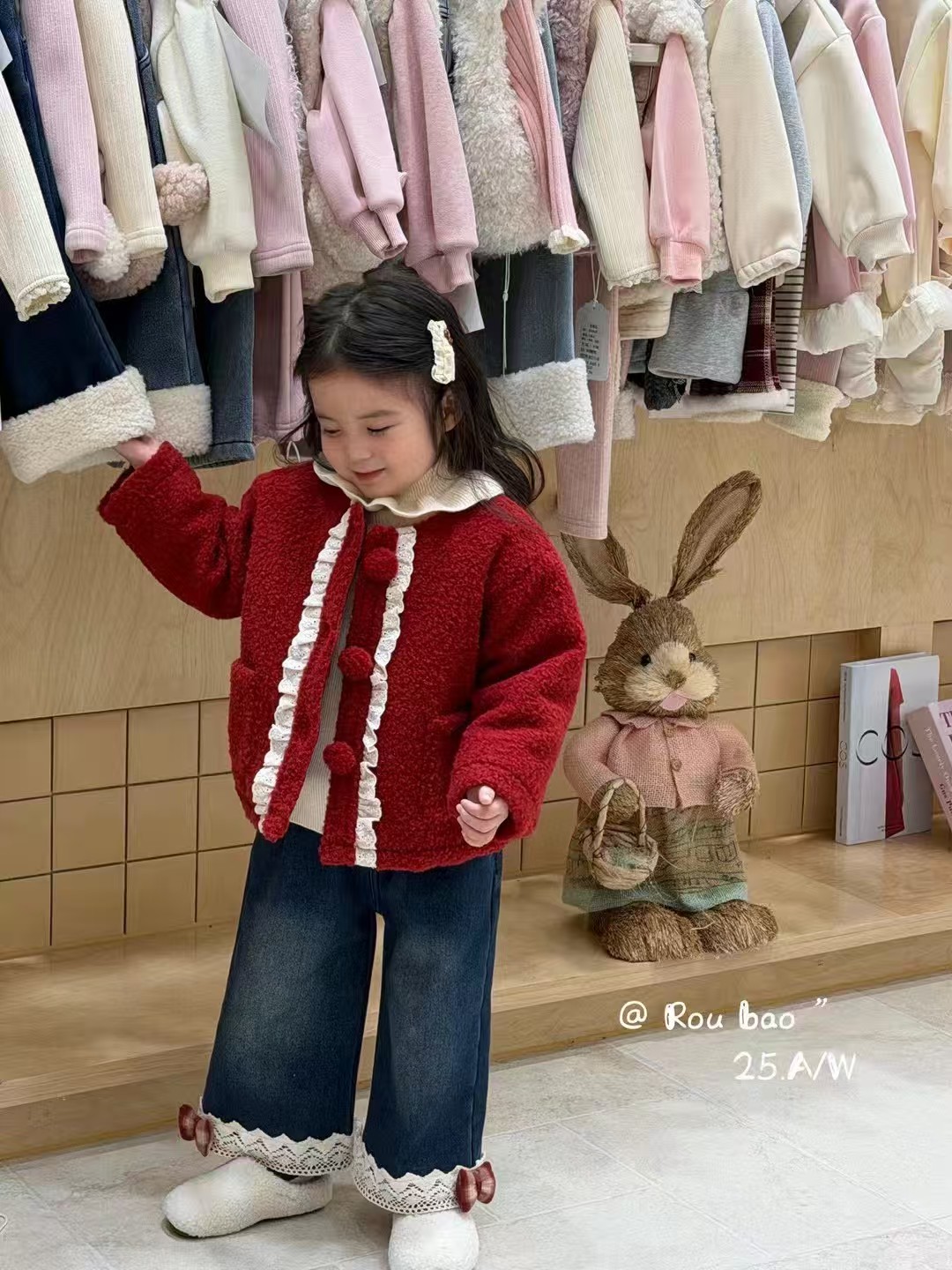女童秋冬夹棉毛毛衣外套2025新款儿童洋气女宝宝新年棉衣红色上衣