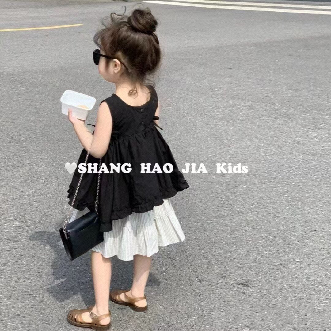 女童韩版童装2025夏季新款娃娃衫无袖上衣竖条纹半身裙两件套装潮