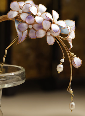 发簪u型发夹边夹侧边新中式国风粉紫色绒花汉服旗袍配饰礼物女生