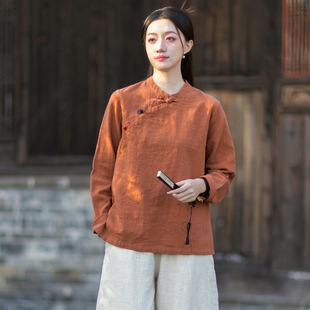 栖棠.春 原创复古文艺国风立领棉麻上衣长袖套头斜襟拼色盘扣衬衫