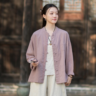 女国风盘扣对襟手工缝线外搭衬衫 复古文艺棉麻开衫 新中式 栖棠.春