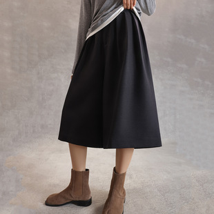 原创2025秋冬日系通勤气质百搭斜纹加厚七分裤裙裤捏褶可调节靴裤