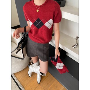 复古氛围感 百搭 配袖 针织衫 SN8508 套菱格撞色圆领正肩短袖 司南