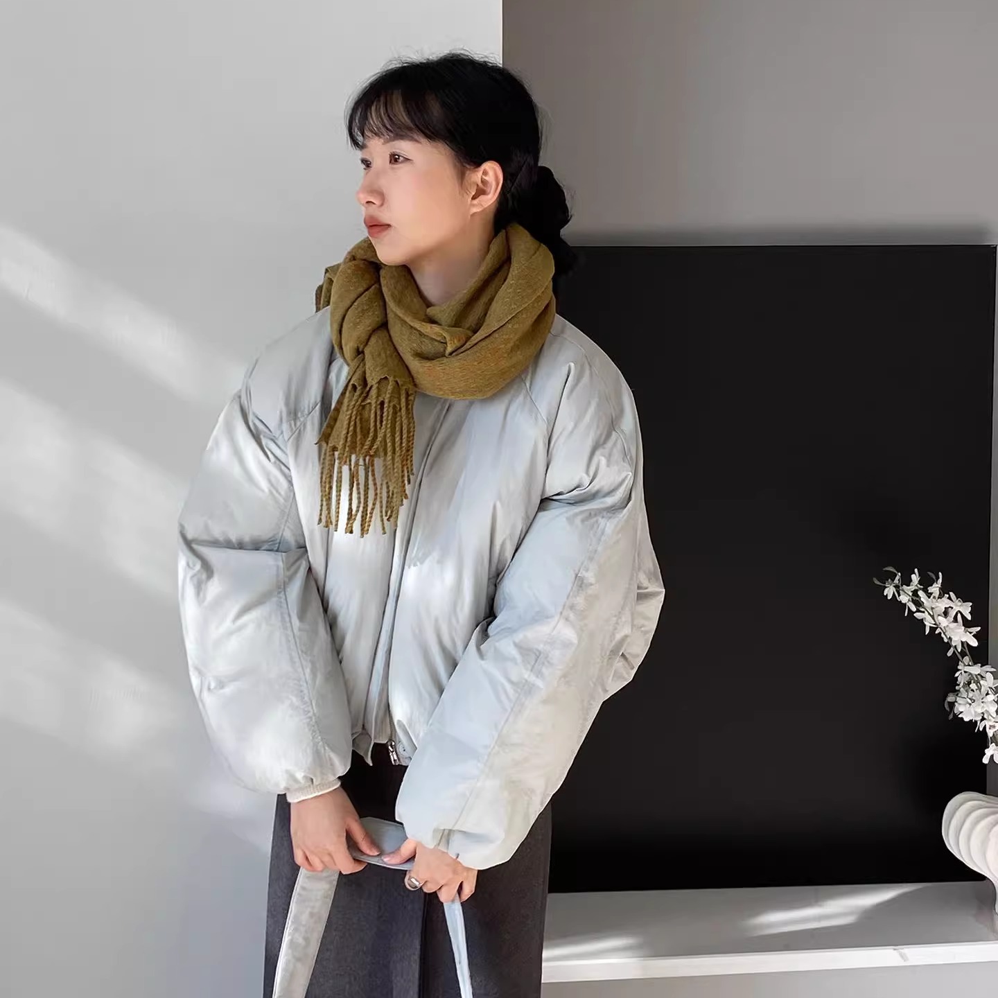 自制2025冬韩版简约宽松加厚插肩袖手塞棉面包服棉服短外套含背包