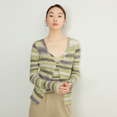 时尚段染V领假两件针织开衫女装25新款条纹显瘦毛衣单穿早秋上衣