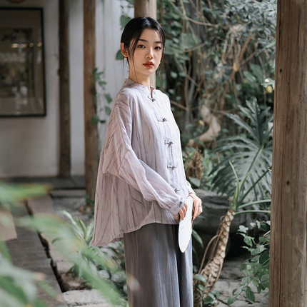 栖棠.夏 原创新中式天丝苎麻外套女中国风条纹轻薄防晒服开衫上衣