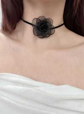 复古山茶花蝴蝶结系带黑色锁骨链
